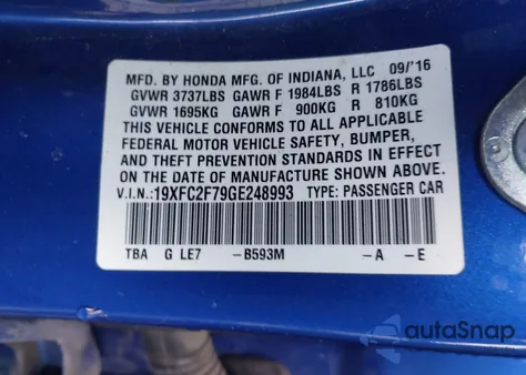 2016 Honda Civic Ex z USA, uszkodzony, nr VIN 19XFC2F79GE248993